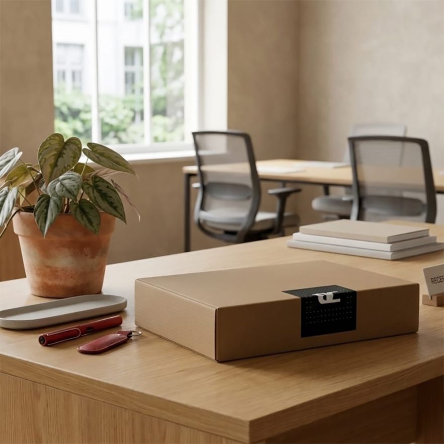 square sticker on paper box f7b97c7d